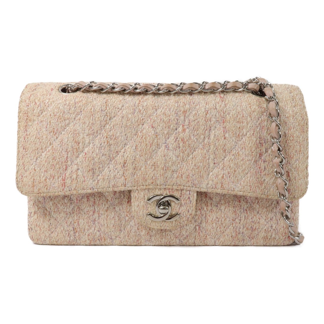CHANEL Classic 25 Tweed Shoulder Bag Beige CC SHW: CHANEL Classic 25 Tweed Shoulder Bag Beige CC SHW CHANEL Classic 25 Chain Shoulder Bag in beige tweed with silver-tone hardware. This women's shoulder bag features a turn-lock closure, one open exteri
