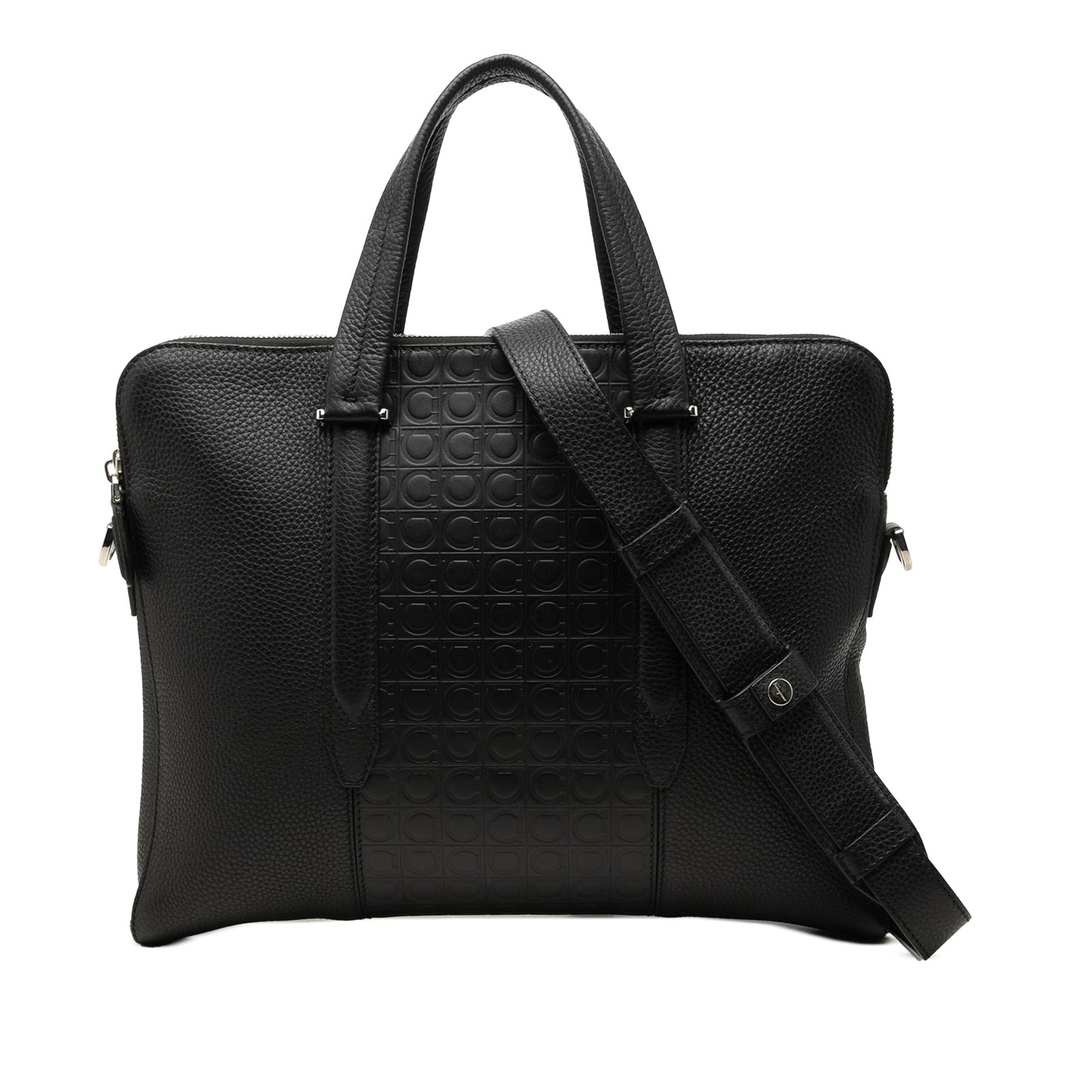 Black leather business bag Ferragamo Gancini embossed trim: Black leather business bag Ferragamo Gancini embossed trim Ferragamo business bag crafted in black leather with embossed Gancini trim. It features flat leather handles, a detachable flat strap, a top 