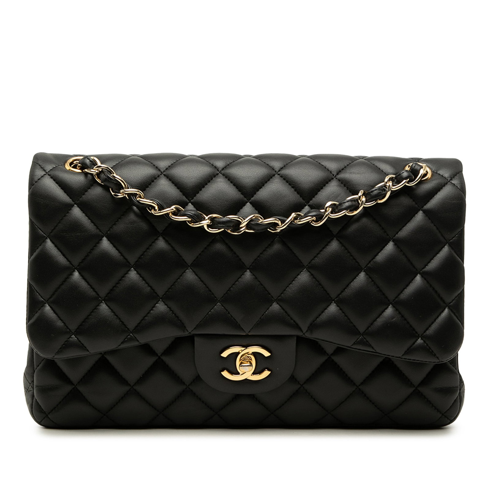 Chanel Jumbo Classic Double Flap Shoulder Bag Black Lambskin: Chanel Jumbo Classic Double Flap Shoulder Bag Black Lambskin A Chanel Jumbo Classic Lambskin Double Flap shoulder bag crafted in black quilted lambskin leather. It features leather-woven chain straps,