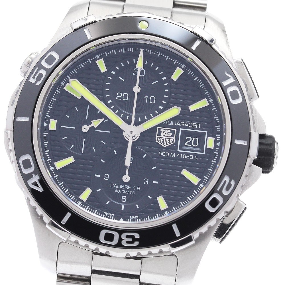 TAG Heuer Aquaracer CAK2111 automatic chronograph wristwatch: TAG Heuer Aquaracer CAK2111 automatic chronograph wristwatch TAG Heuer Aquaracer chronograph automatic men's wristwatch with a black dial and stainless steel case and bracelet. This watch features dat