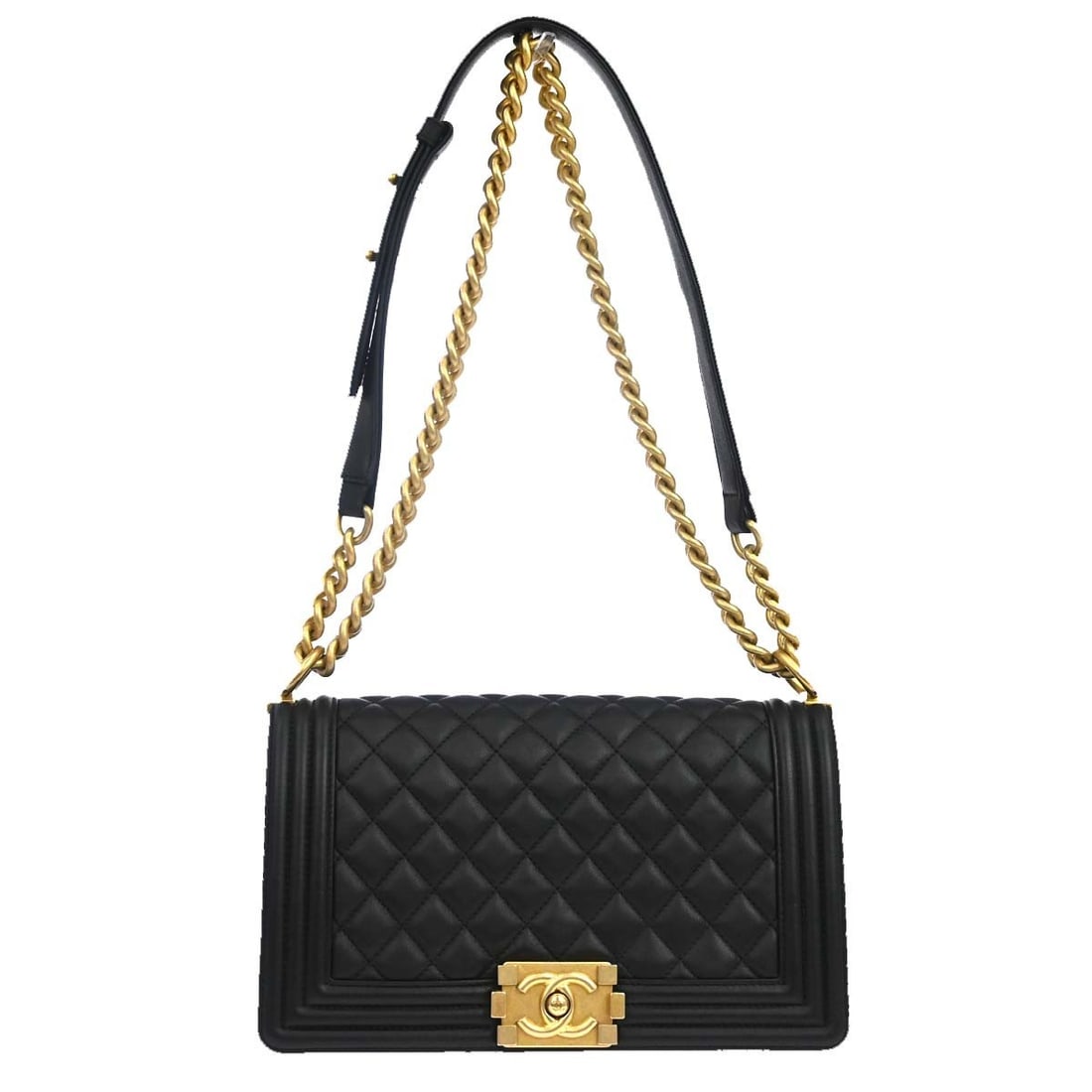 CHANEL Boy Medium Shoulder Bag Black Lambskin Chain Strap: CHANEL Boy Medium Shoulder Bag Black Lambskin Chain Strap Vintage Chanel Boy medium shoulder bag in black lambskin with quilted detailing, a push-lock closure, and silver-color hardware. This women's 