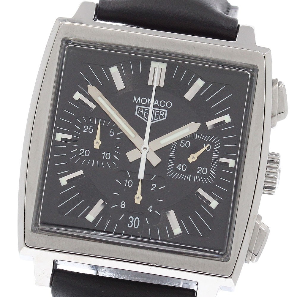 TAG Heuer Monaco CS2111 automatic chronograph wristwatch for men: TAG Heuer Monaco CS2111 automatic chronograph wristwatch for men TAG Heuer Monaco CS2111 men's automatic chronograph wristwatch with a stainless steel case, black dial, and leather strap. Features inc