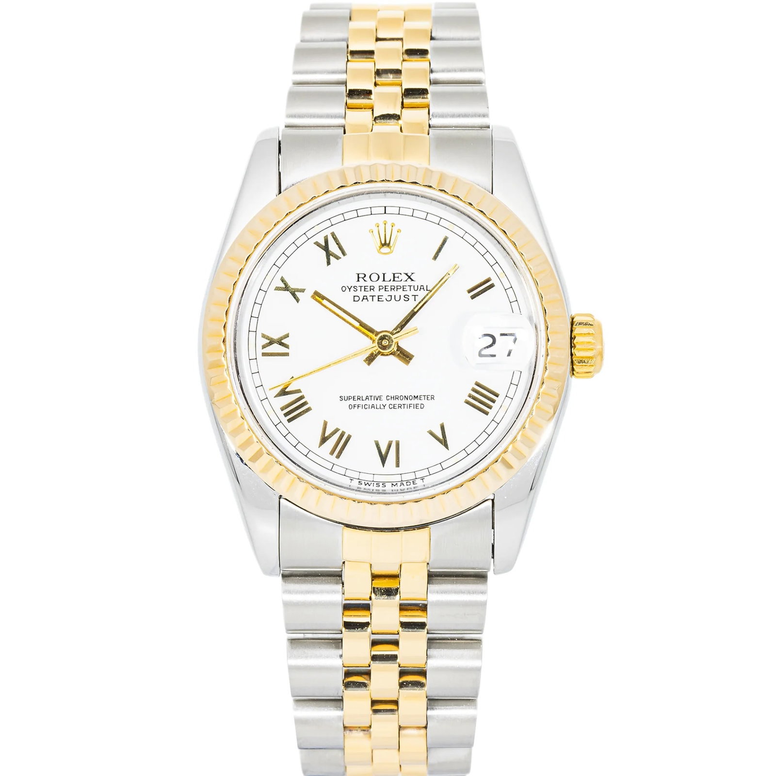 Rolex Datejust 68273 Ladies Watch White Roman Dial Jubilee Papers: Rolex Datejust 68273 Ladies Watch White Roman Dial Jubilee Papers Ladies Rolex Datejust watch, reference 68273, featuring a champagne stick dial, fluted bezel, and D-Link Jubilee bracelet. The listing