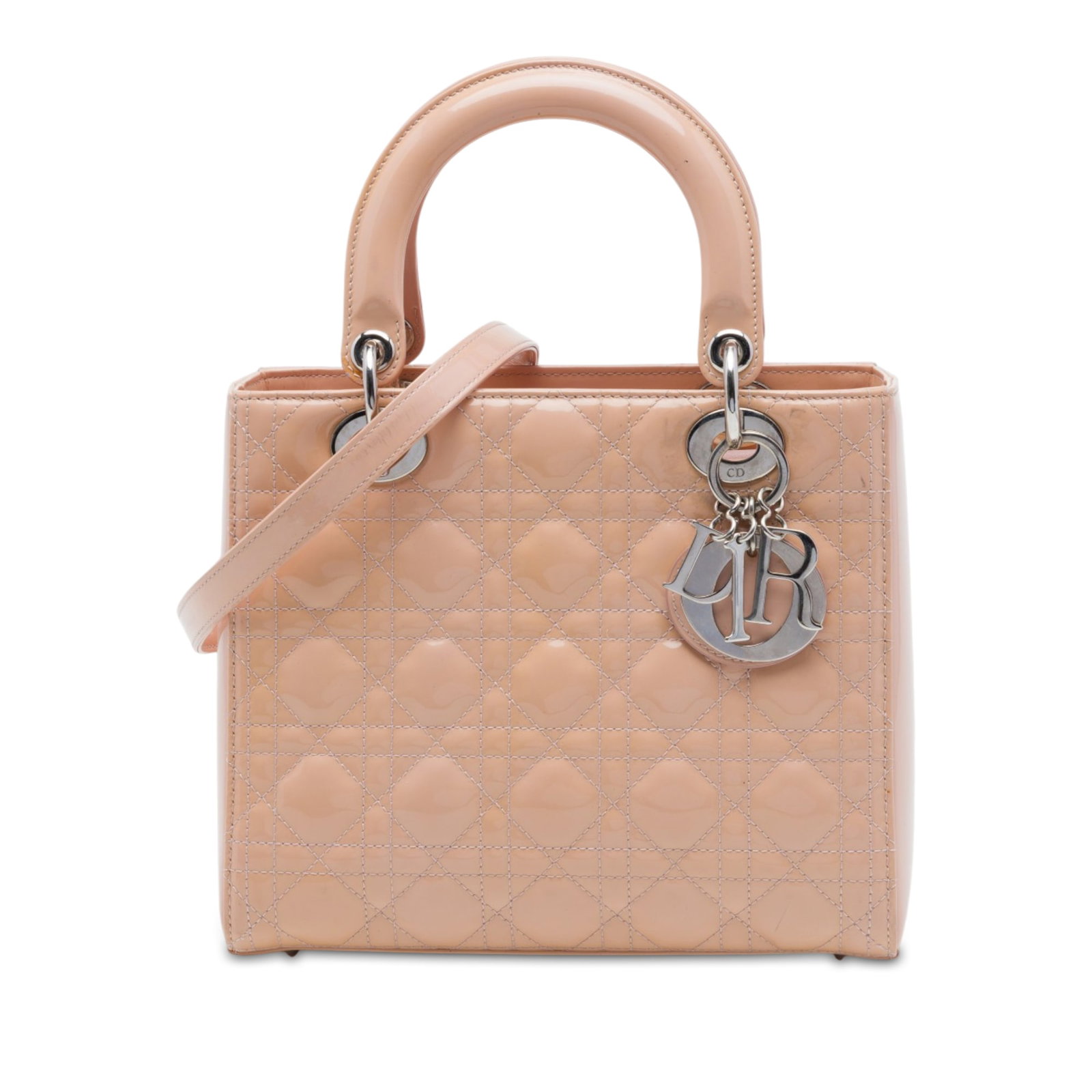 Dior Lady Dior Medium Pink Patent Leather Cannage Bag: Dior Lady Dior Medium Pink Patent Leather Cannage Bag A Medium Lady Dior bag in pink patent leather with the signature Cannage quilted design. This handbag features flat top handles, a detachable shou