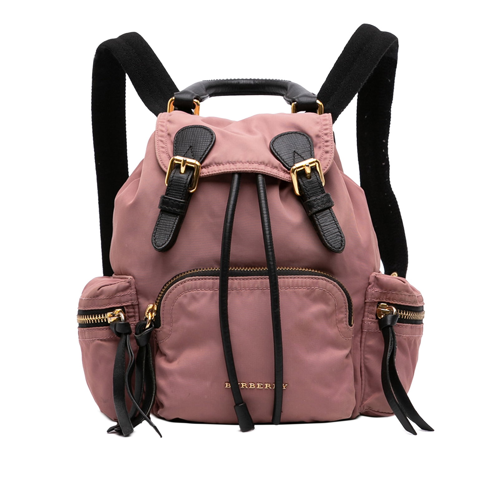 Burberry Runway Small Backpack in Pink Nylon: Burberry Runway Small Backpack in Pink Nylon A compact Burberry backpack in pink nylon with a rolled leather top handle and adjustable flat back straps. The design includes a top flap with buckle and 
