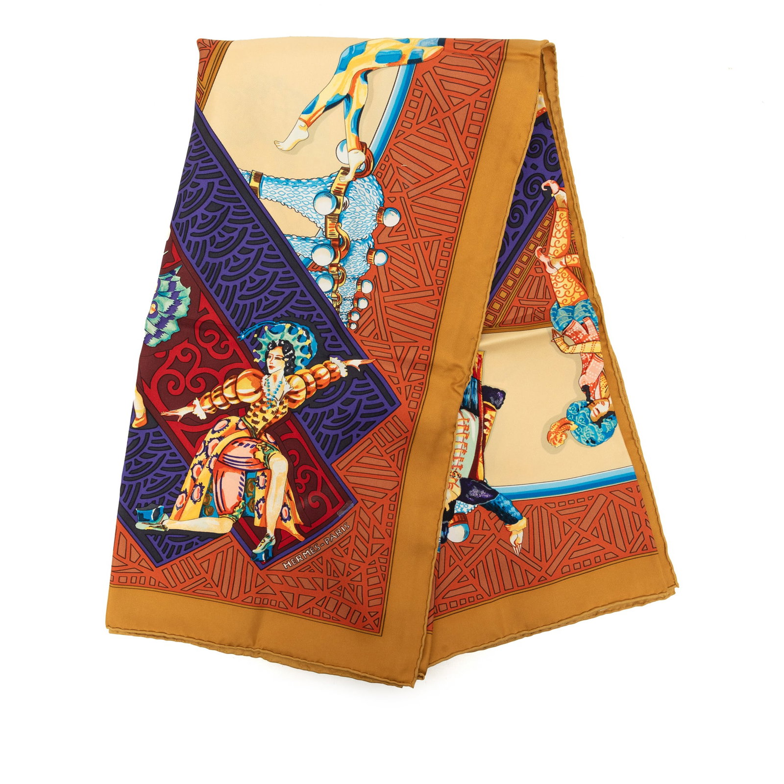 Hermes Les Ballets Russes 90 Silk Scarf Brown: Hermes Les Ballets Russes 90 Silk Scarf Brown Hermes Les Ballets Russes Silk Scarf 90 in brown, crafted from 100% silk with an allover printed design. Made in France, this accessory shows staining on 