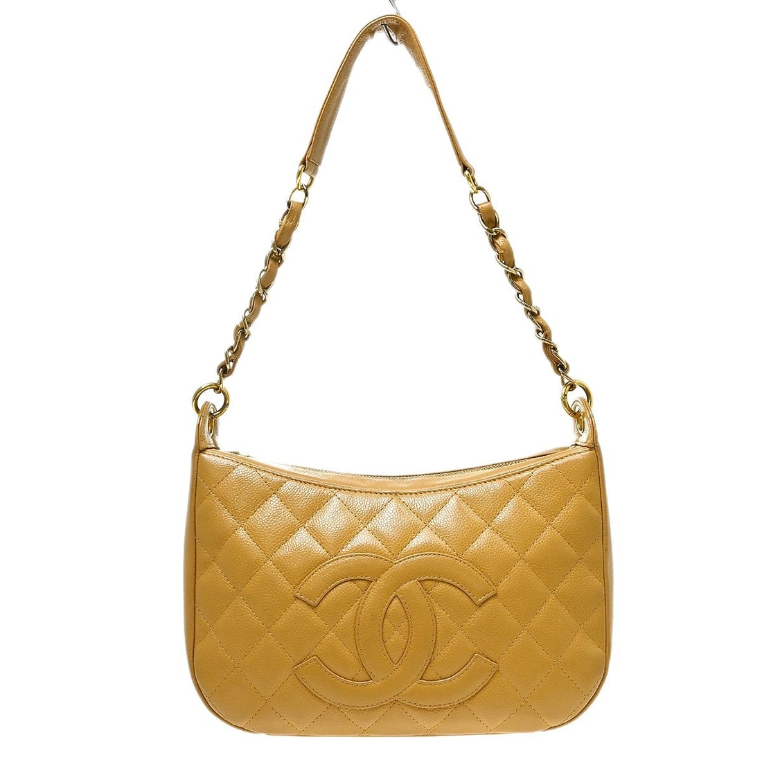 CHANEL Caviar Hobo Shoulder Bag in Beige Calfskin: CHANEL Caviar Hobo Shoulder Bag in Beige Calfskin Chanel hobo handbag in beige calfskin with a zip closure, logo accents, and canvas lining. Designed with a top handle and medium-size silhouette, this