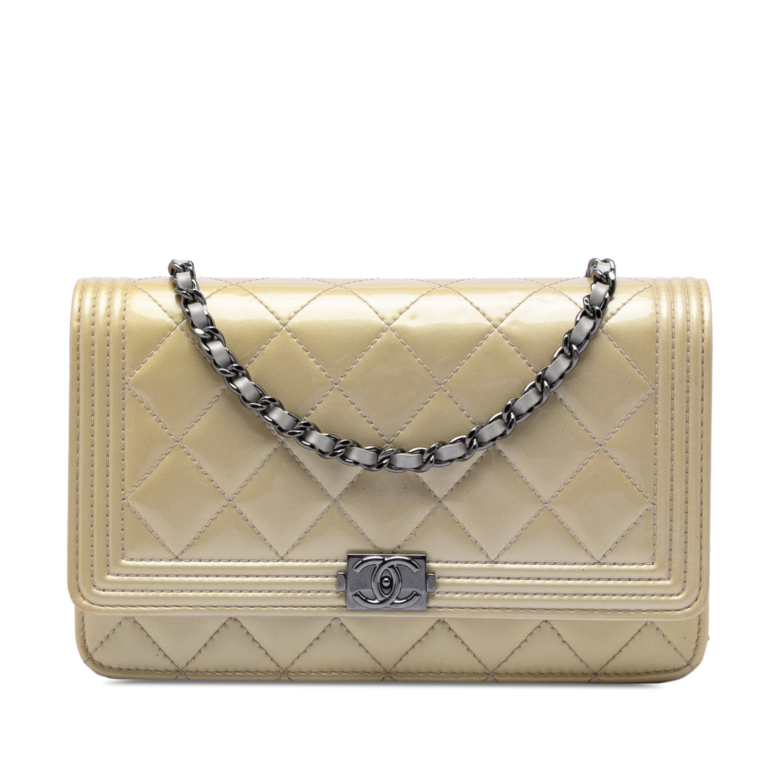 Chanel Boy Wallet on Chain Quilted Patent Leather Crossbody: Chanel Boy Wallet on Chain Quilted Patent Leather Crossbody Crossbody bag in quilted patent leather with a leather woven chain strap, front flap with magnetic snap button closure, and interior zip and