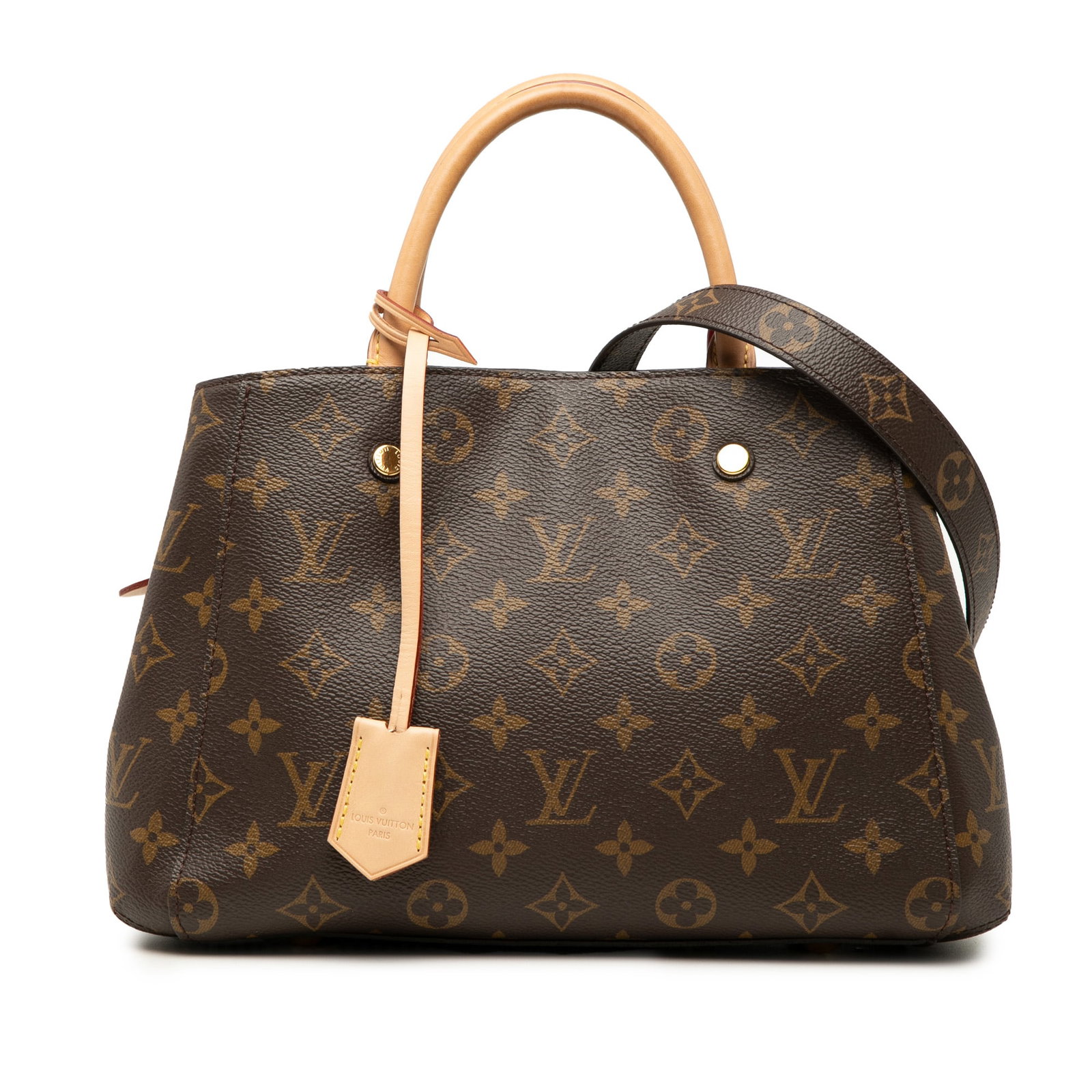 Louis Vuitton Montaigne BB Monogram Canvas Satchel with Strap: Louis Vuitton Montaigne BB Monogram Canvas Satchel with Strap Louis Vuitton Monogram Montaigne BB handbag in brown monogram canvas with rolled vachetta leather handles and a detachable shoulder strap.