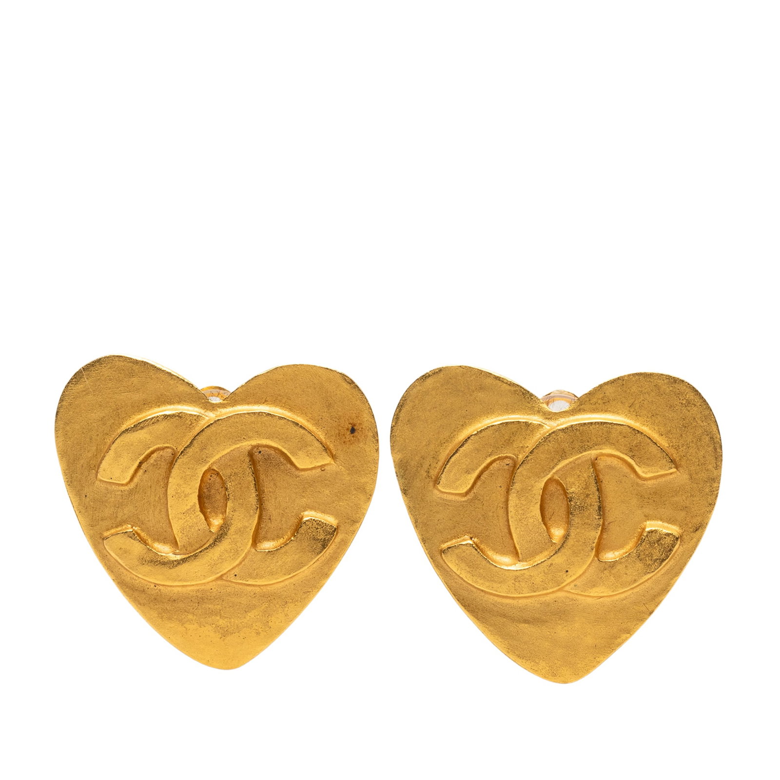 Chanel Heart CC Clip On Earrings Gold Plated Metal: Chanel Heart CC Clip On Earrings Gold Plated Metal Chanel CC heart clip-on earrings in gold plated metal. A classic costume jewelry design from France, these earrings come with the box. Condition is B