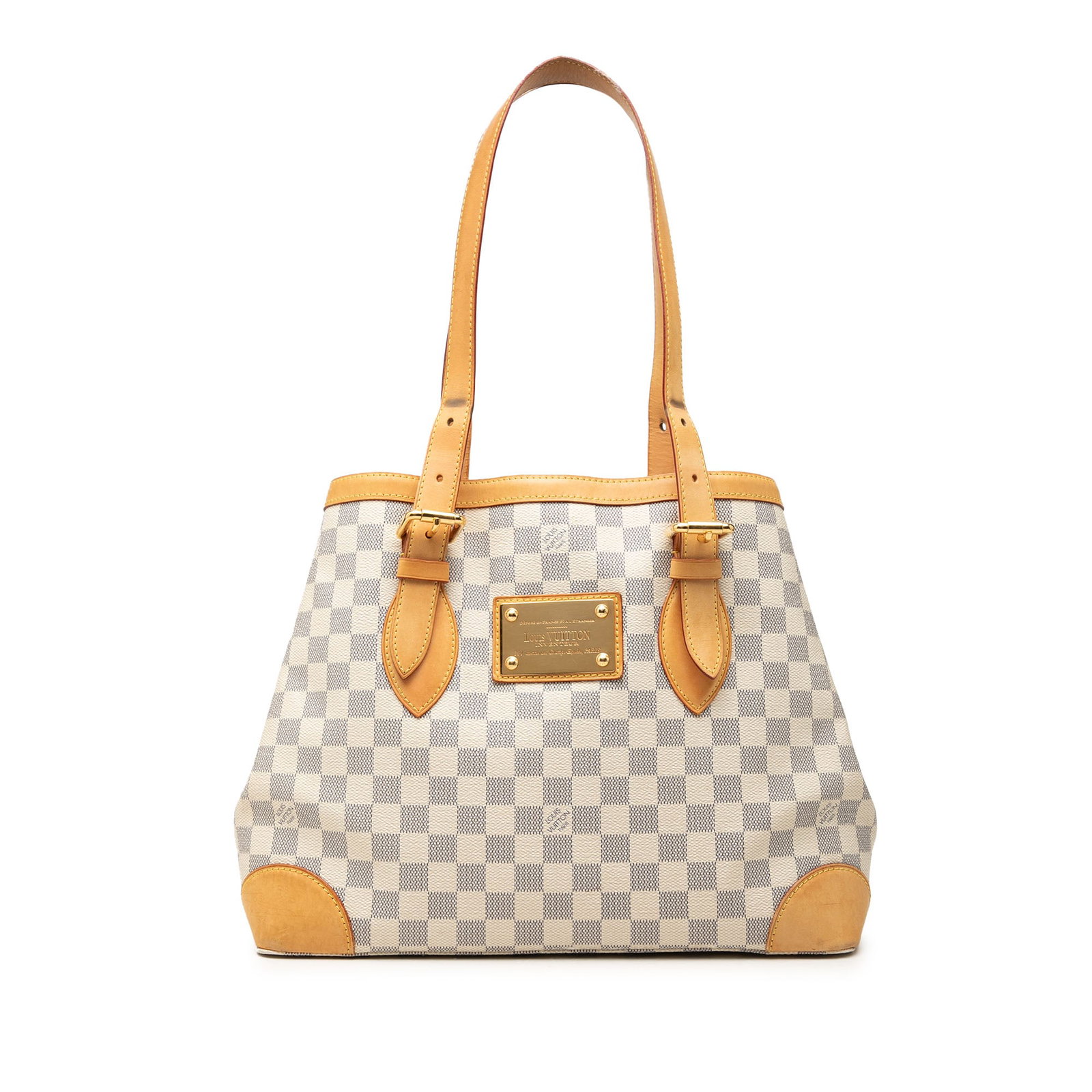 Louis Vuitton Hampstead MM Damier Azur Shoulder Bag: Louis Vuitton Hampstead MM Damier Azur Shoulder Bag A Louis Vuitton Damier Azur Hampstead MM shoulder bag crafted with a damier canvas body and vachetta leather trim. It features flat vachetta leather