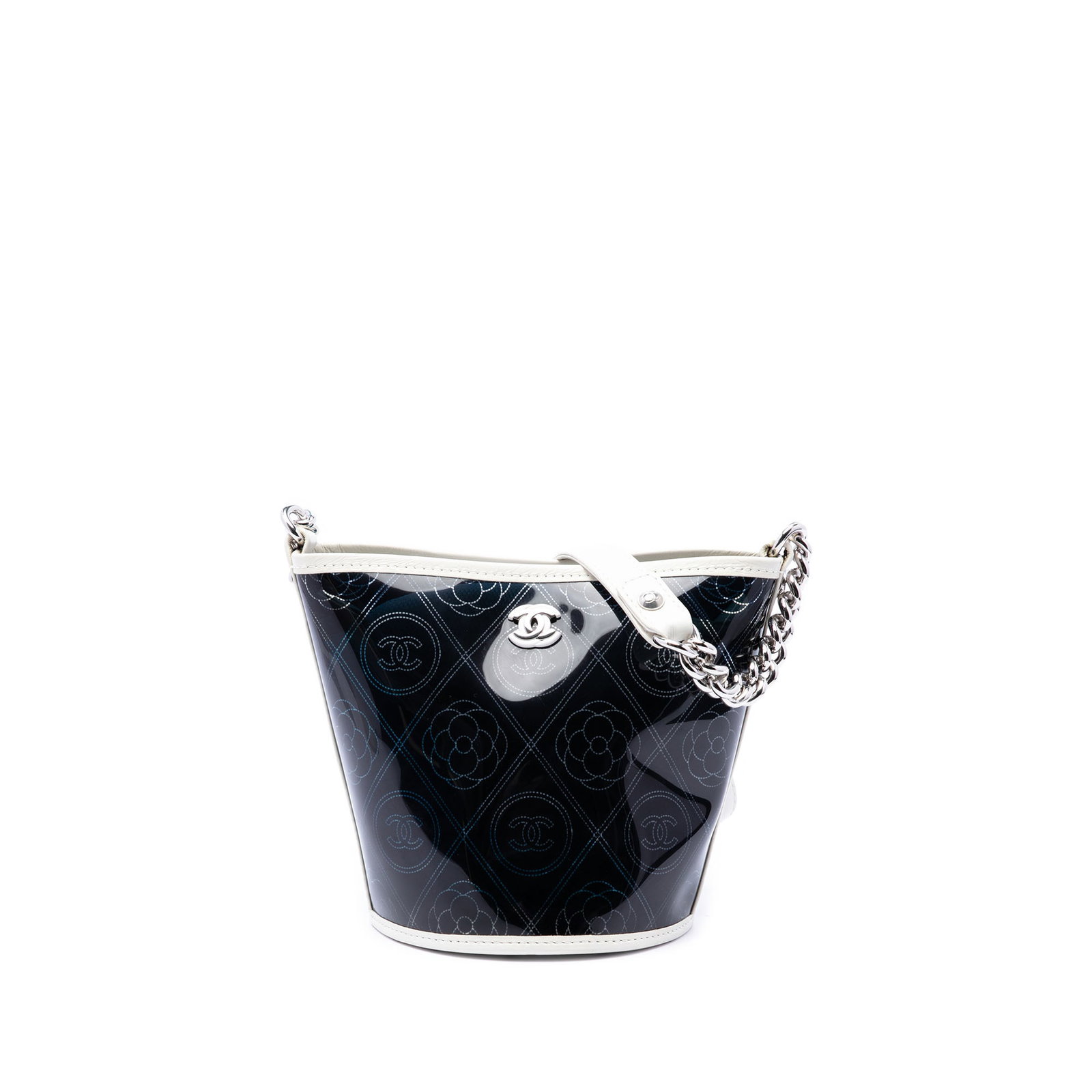 Chanel Camellia Coco Small Bucket Bag in PVC and Calfskin: Chanel Camellia Coco Small Bucket Bag in PVC and Calfskin A Chanel bucket bag crafted with a PVC body and crumpled calfskin leather trim. It features a chain and leather strap, an open top, and a remo