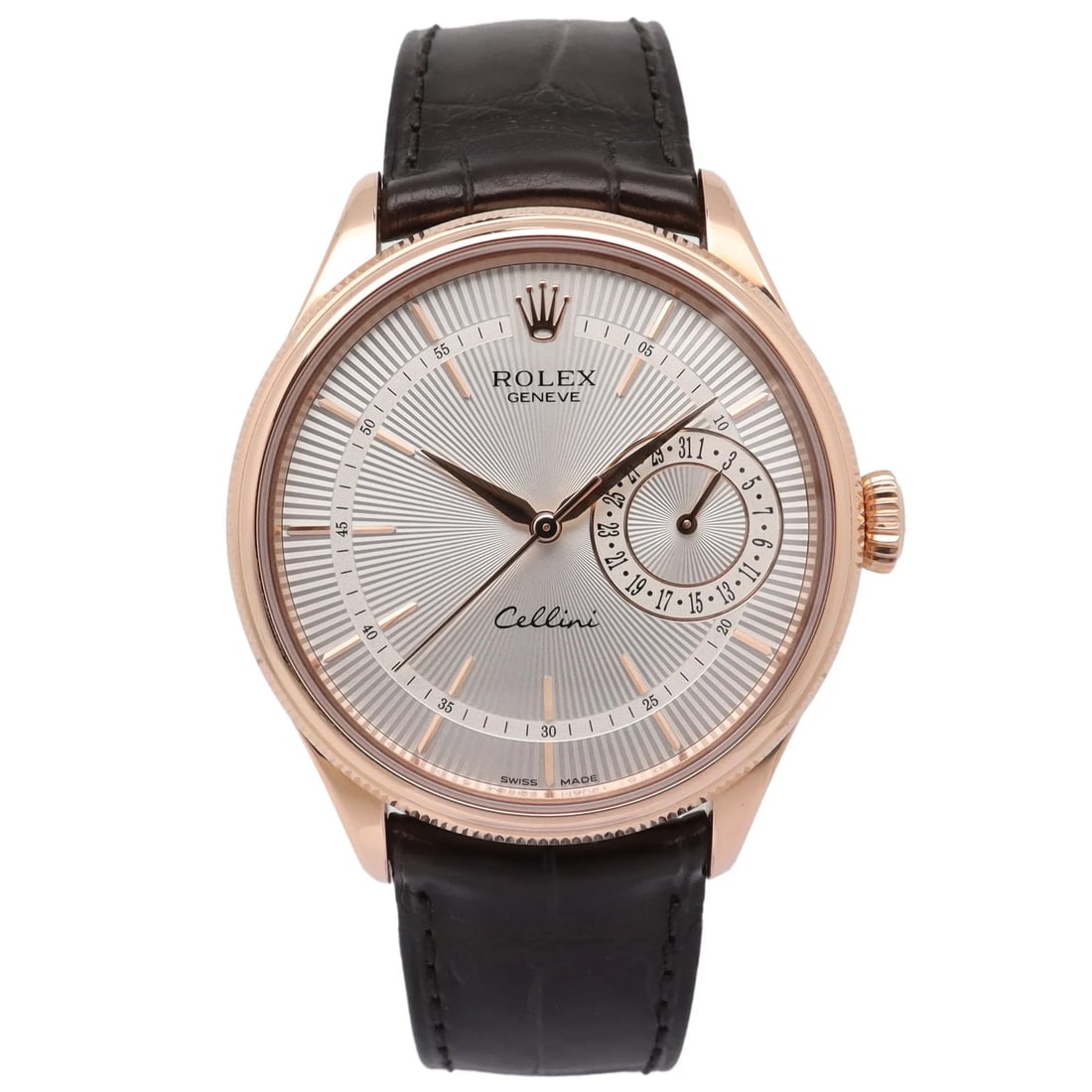 Rolex Cellini 50515 mens 39mm rose gold date watch silver dial: Rolex Cellini 50515 mens 39mm rose gold date watch silver dial Rolex Cellini Time men's wristwatch in 18K rose gold with a silver sunburst dial and brown leather two-piece strap. This automatic watch 