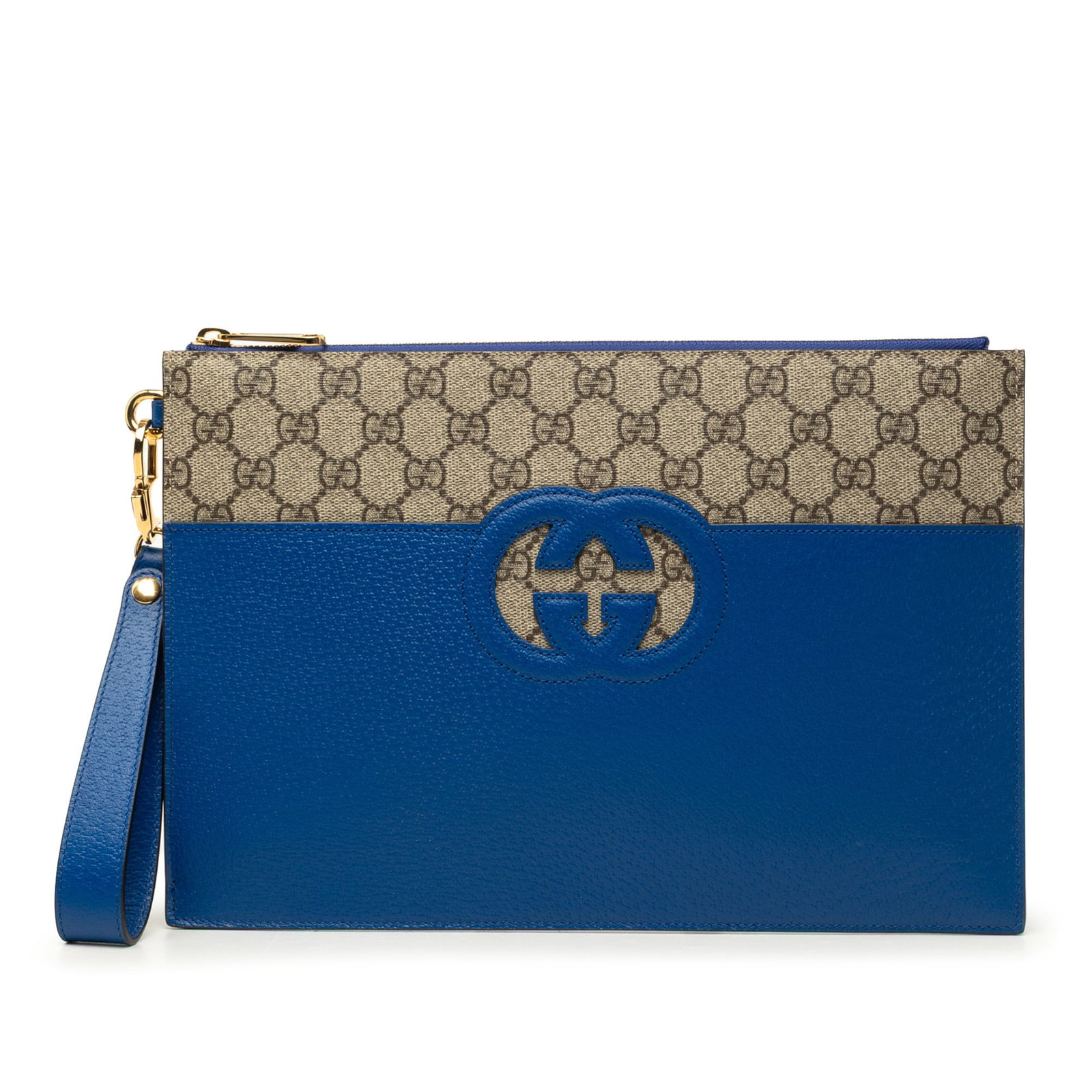Gucci GG Supreme Interlocking G Cutout Calfskin Wristlet Clutch: Gucci GG Supreme Interlocking G Cutout Calfskin Wristlet Clutch Gucci GG Supreme and calfskin clutch in blue with a cut-out Interlocking G design. This wristlet-style clutch features a coated canvas a
