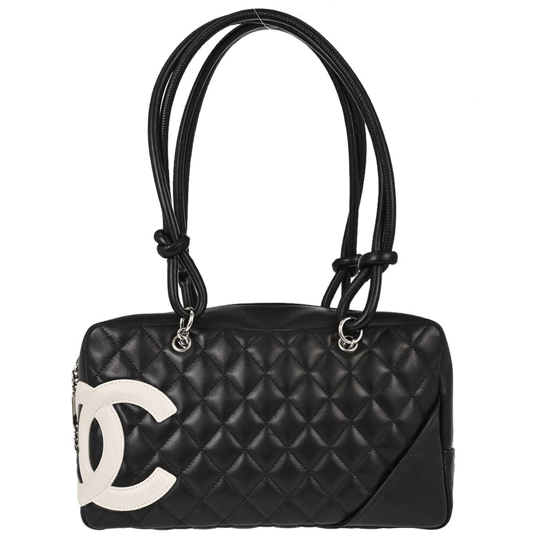 CHANEL Cambon Ligne black calfskin bowling handbag: CHANEL Cambon Ligne black calfskin bowling handbag Chanel Cambon Ligne Bowling Bag in black calfskin leather with a quilted matelasse finish and signature logo accents. This women's top handle bag fea