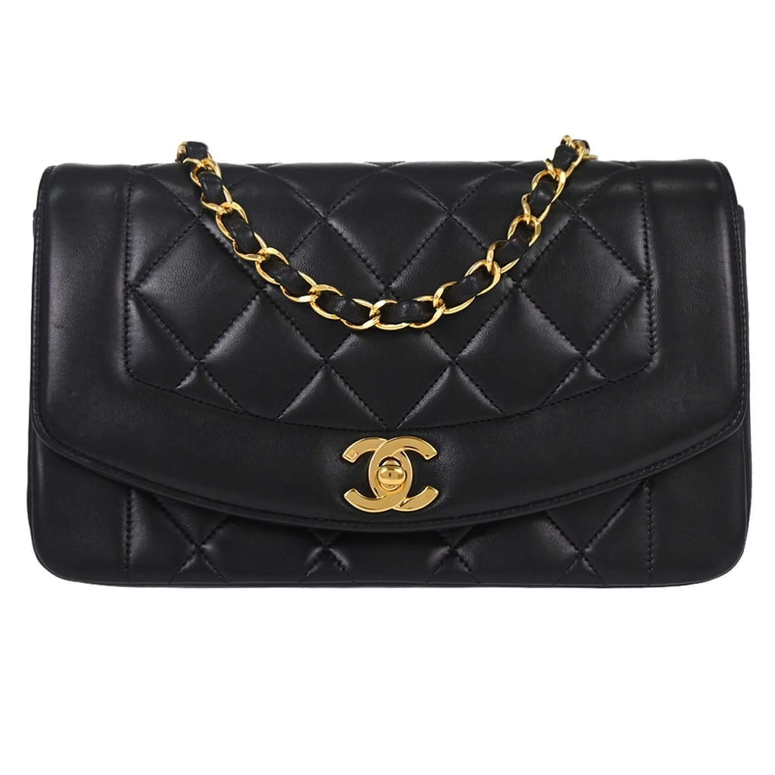 CHANEL Diana Small Shoulder Bag Black Lambskin with Box Dust Bag: CHANEL Diana Small Shoulder Bag Black Lambskin with Box Dust Bag Chanel Small Diana shoulder bag in black lambskin with a shoulder strap and canvas lining. This women's bag features interior storage w