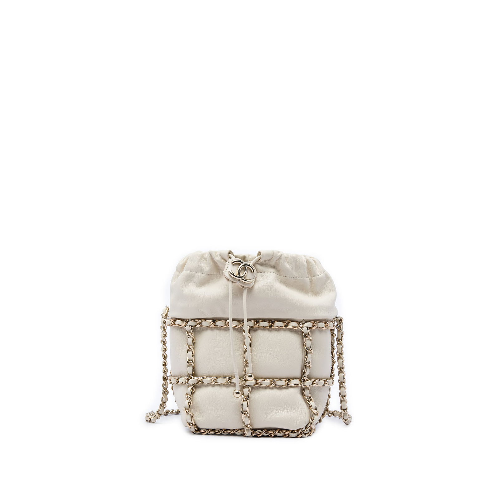 Chanel Mini Lambskin Bucket Bag with CC Chain Frame: Chanel Mini Lambskin Bucket Bag with CC Chain Frame A compact Chanel bucket bag crafted in white lambskin leather with CC chain frame detailing. It features a leather-woven chain strap, a top drawstri