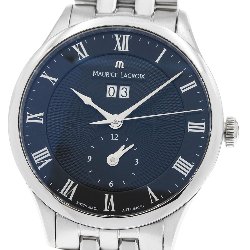 Maurice Lacroix Masterpiece men's automatic GMT watch MP6707-SS002-310: Maurice Lacroix Masterpiece men's automatic GMT watch MP6707-SS002-310 Maurice Lacroix Masterpiece Grand Date GMT automatic wristwatch for men. This stainless steel watch features a black dial and inc