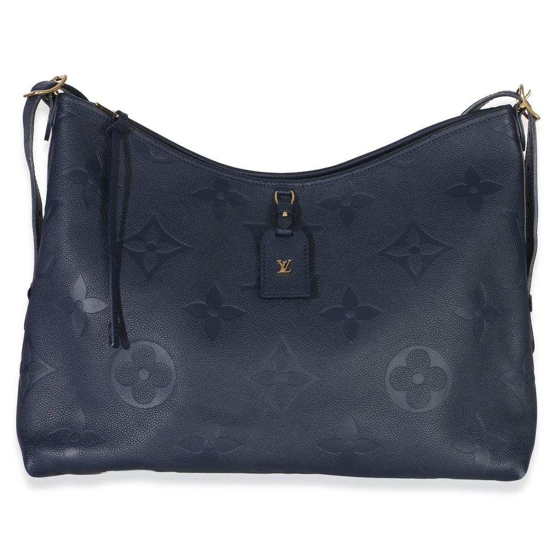 Louis Vuitton Carryall MM blue leather shoulder bag with dustbag: Louis Vuitton Carryall MM blue leather shoulder bag with dustbag Louis Vuitton Carryall MM shoulder bag in navy Giant Monogram Empreinte leather with a zip-top closure and gold-tone hardware. This pre