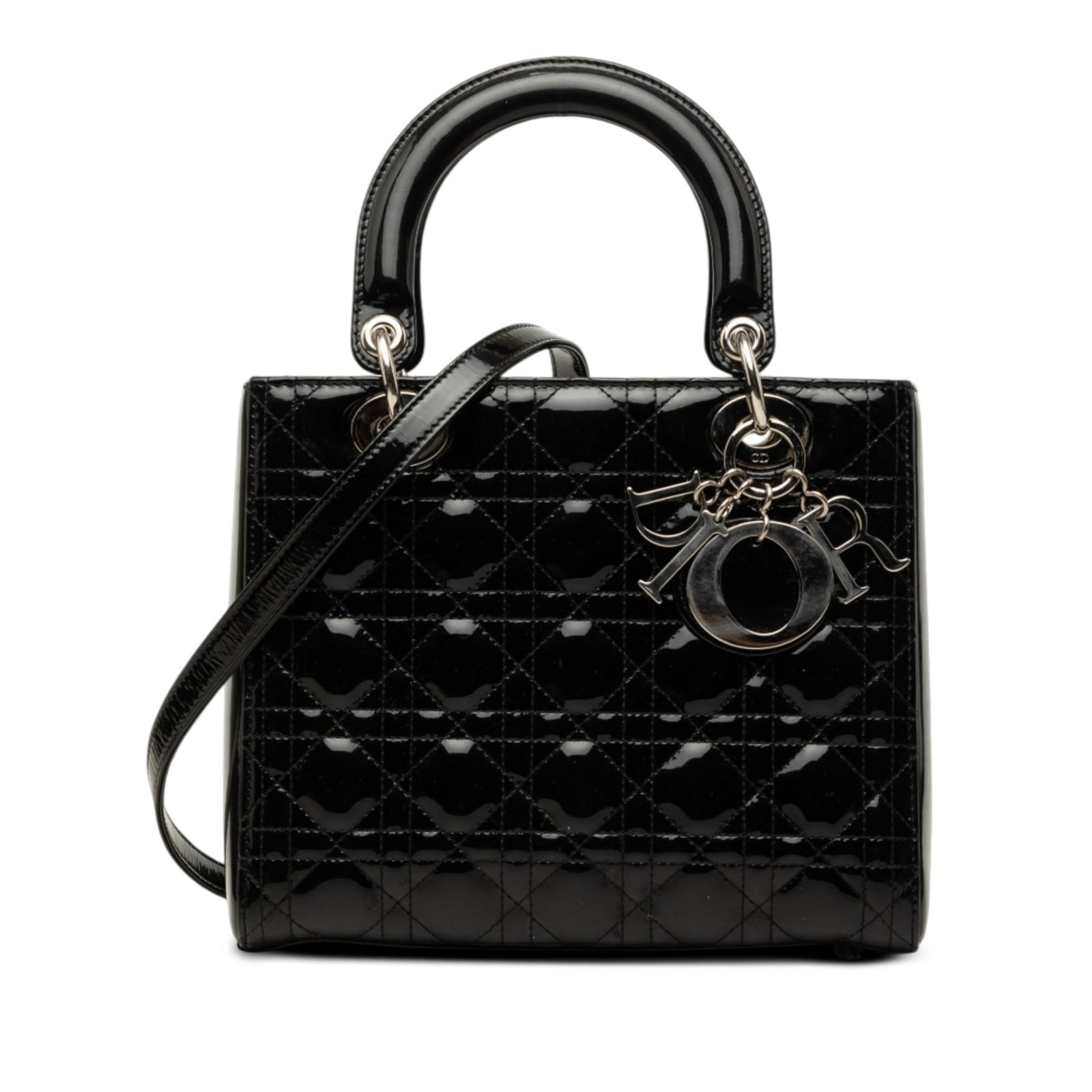 Dior Lady Dior Medium Cannage Patent Leather Handbag Black: Dior Lady Dior Medium Cannage Patent Leather Handbag Black Medium Lady Dior handbag in black patent leather with Cannage quilting. It features flat top handles, a detachable flat leather strap, a top 