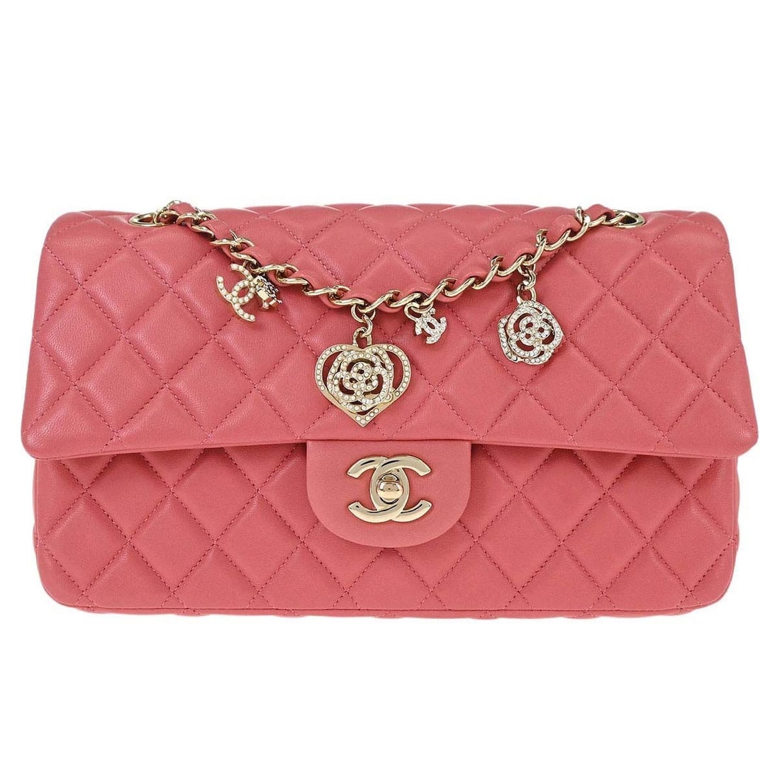 CHANEL Single Chain Shoulder Bag Pink Lambskin Quilted Medium: CHANEL Single Chain Shoulder Bag Pink Lambskin Quilted Medium Elegant Chanel shoulder bag in pink lambskin leather with a matelasse quilted design and turnlock closure. This medium bag features a chai