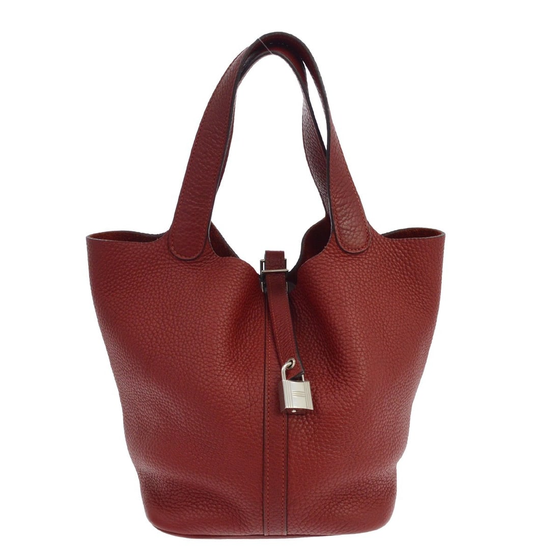 Hermes Picotin Lock Red Leather Handbag 18cm x 22cm x 22cm: Hermes Picotin Lock Red Leather Handbag 18cm x 22cm x 22cm Hermes Picotin Lock handbag in red leather. Made in France, this piece is presented in excellent overall condition. The exterior remains in e