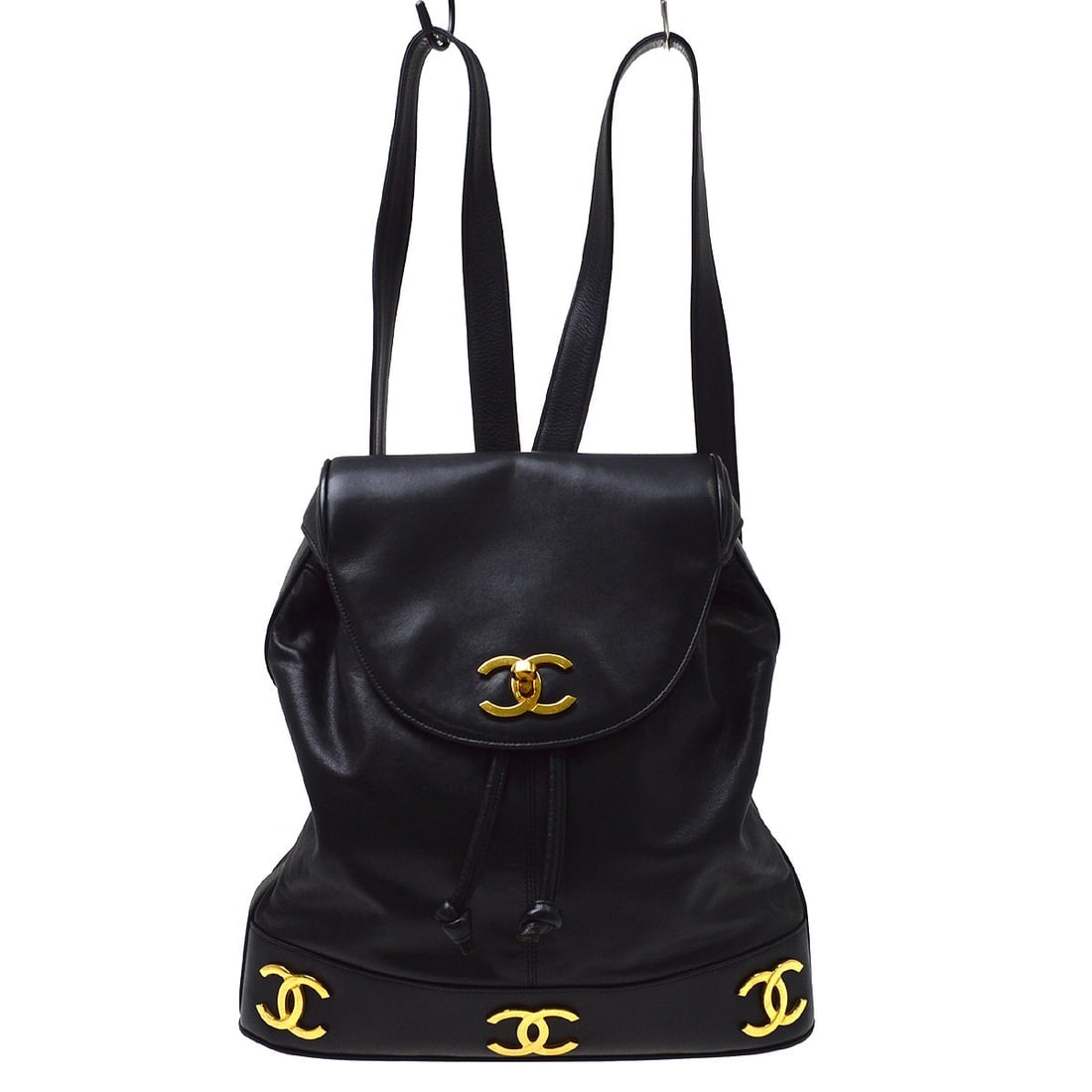 CHANEL Triple CC Lambskin Leather Backpack Black Large: CHANEL Triple CC Lambskin Leather Backpack Black Large Large Chanel backpack in black lambskin leather with the signature Triple CC logo accent. Designed for casual use, it features an exterior pocket