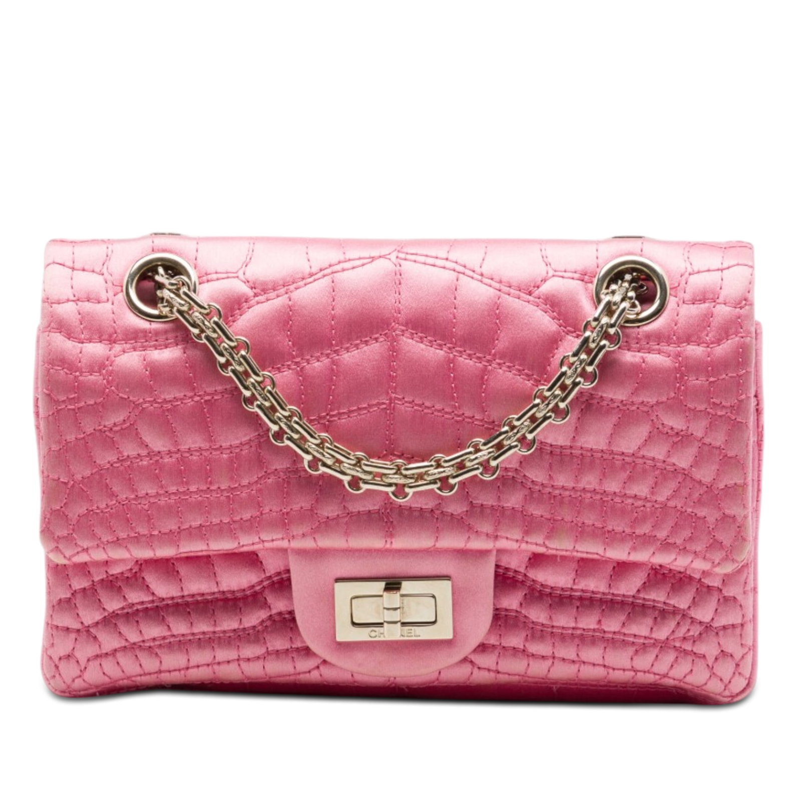 Chanel Reissue 2.55 224 Pink Quilted Satin Shoulder Bag: Chanel Reissue 2.55 224 Pink Quilted Satin Shoulder Bag Chanel Coco Croc Quilted Satin Reissue 2.55 Double Flap 224 shoulder bag in pink. This bag features a quilted satin body, chain link strap, doub