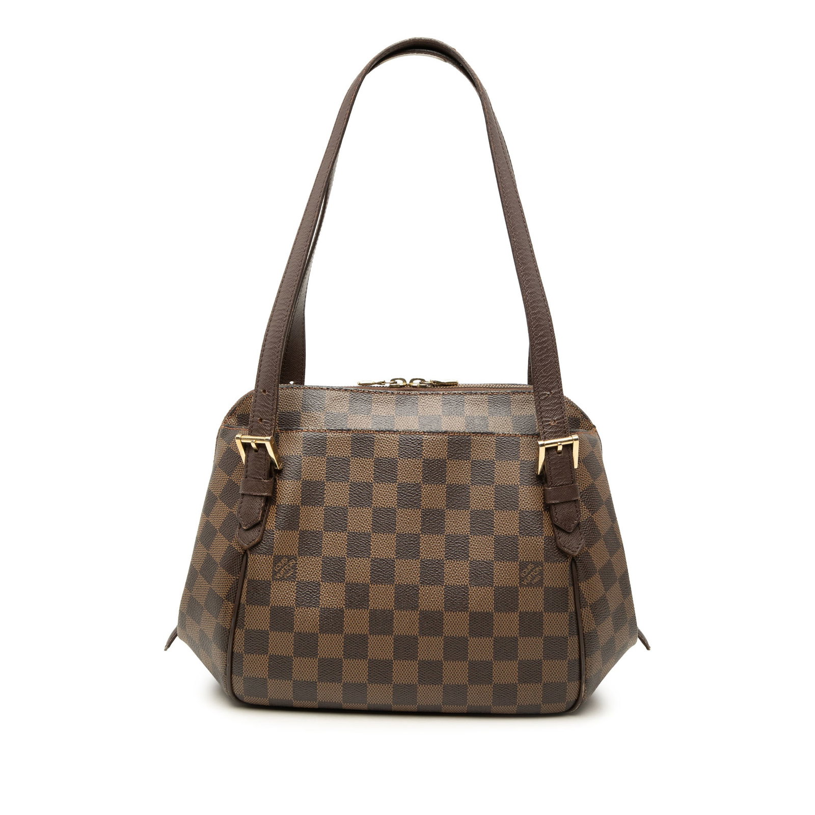 Louis Vuitton Belem MM Damier Ebene Shoulder Bag: Louis Vuitton Belem MM Damier Ebene Shoulder Bag Louis Vuitton Belem MM in Damier Ebene canvas with leather trim and flat leather straps. This zip-top bag features exterior slip pockets and an interio