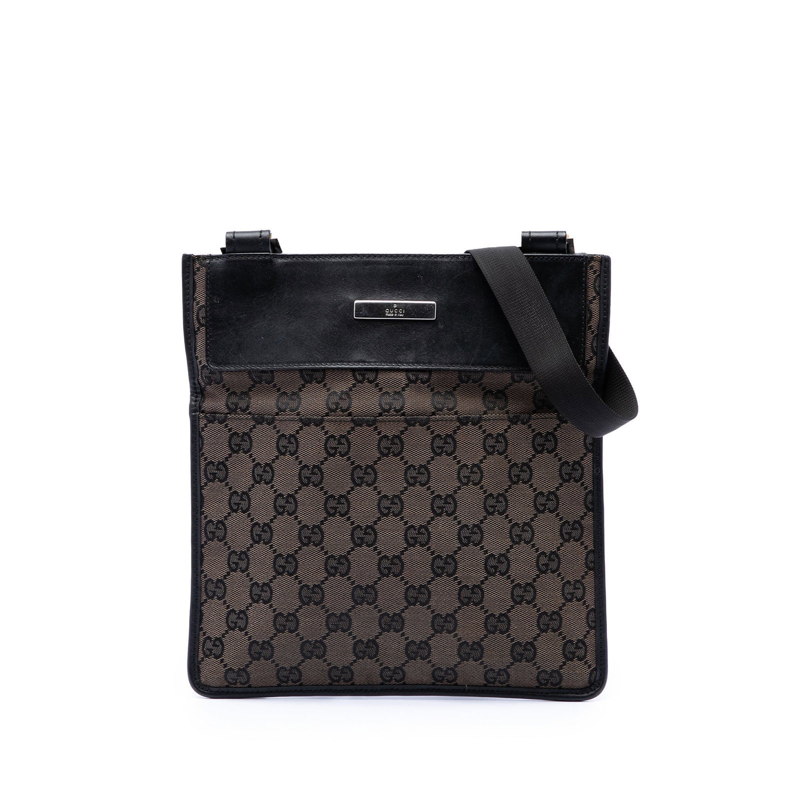 Gucci GG Canvas Brown Crossbody Bag with Leather Trim: Gucci GG Canvas Brown Crossbody Bag with Leather Trim Gucci GG Canvas Crossbody bag with leather trim and an adjustable flat strap. The bag features an open top, exterior front and back slip pockets, 