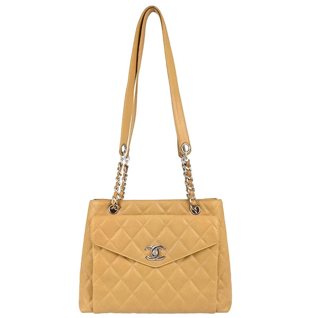 CHANEL Beige Caviar Leather Shoulder Tote Bag Medium: CHANEL Beige Caviar Leather Shoulder Tote Bag Medium Beige Chanel shoulder tote bag crafted in caviar skin leather with a turn lock closure and shoulder strap handle style. It features one exterior po
