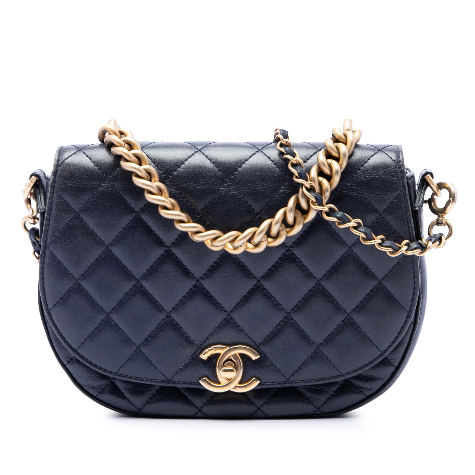 Chanel Half Moon Flap Satchel Blue Quilted Lambskin CC: Chanel Half Moon Flap Satchel Blue Quilted Lambskin CC Chanel half moon flap satchel in blue quilted lambskin with a chain handle and a detachable leather-woven chain strap. The design features a fron