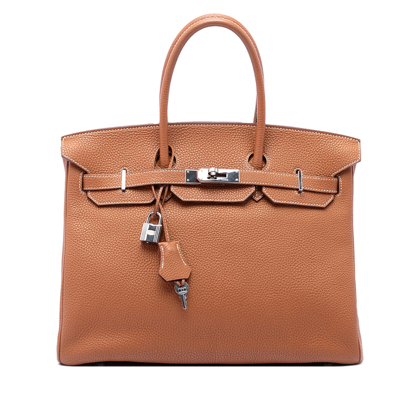 Hermes Birkin 35 Retourne Togo Leather Handbag: Hermes Birkin 35 Retourne Togo Leather Handbag Hermes Birkin Retourne 35 in Gold Togo leather with rolled leather handles, a front flap with turn-lock closure, and an interior with open and zip pocket