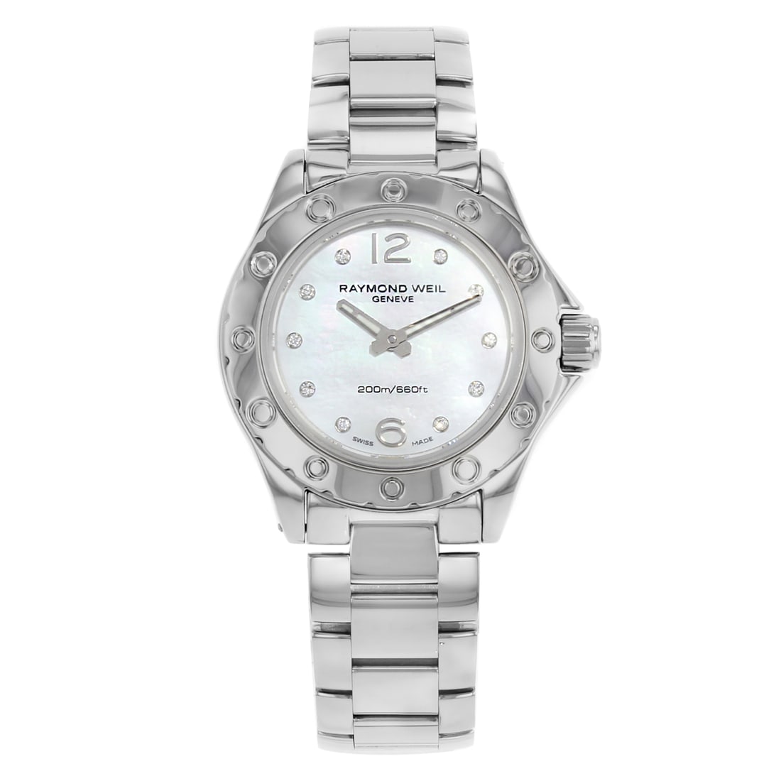 Raymond Weil RW Spirit Ladies Watch 3170-ST-05985 Diamond MOP Dial: Raymond Weil RW Spirit Ladies Watch 3170-ST-05985 Diamond MOP Dial The Raymond Weil RW Spirit is an elegant ladies' wristwatch, model 3170-ST-05985, featuring a stunning white Mother of Pearl dial ado