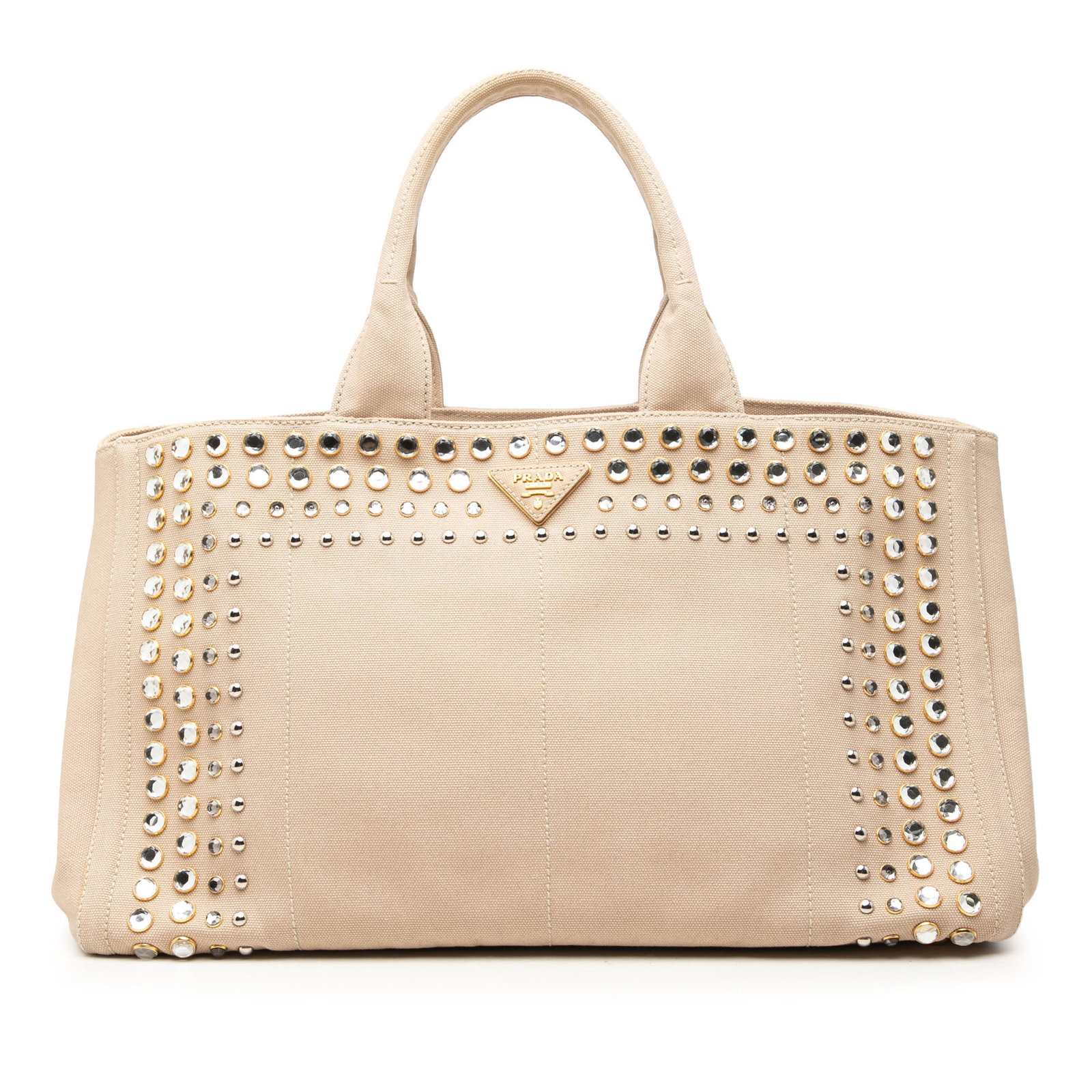 Prada Canapa Bijoux Large Canvas Satchel Beige: Prada Canapa Bijoux Large Canvas Satchel Beige Large Prada Canapa Bijoux satchel in beige canvas with studded detailing, rolled top handles, an open top, and interior zip and slip pockets. Includes du
