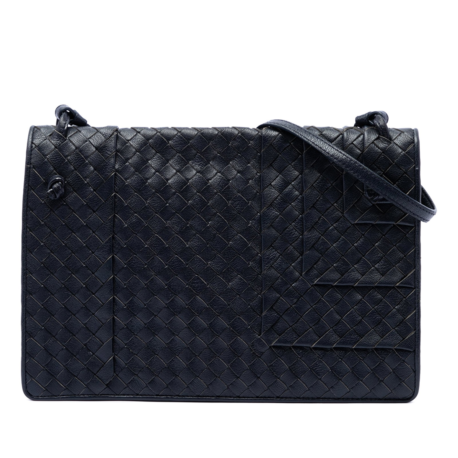 Blue Leather Flap Crossbody Bottega Veneta Nappa Intrecciato: Blue Leather Flap Crossbody Bottega Veneta Nappa Intrecciato Bottega Veneta Nappa Intrecciato Flap Crossbody in blue leather with a woven body and layered detailing. This crossbody bag features an adj