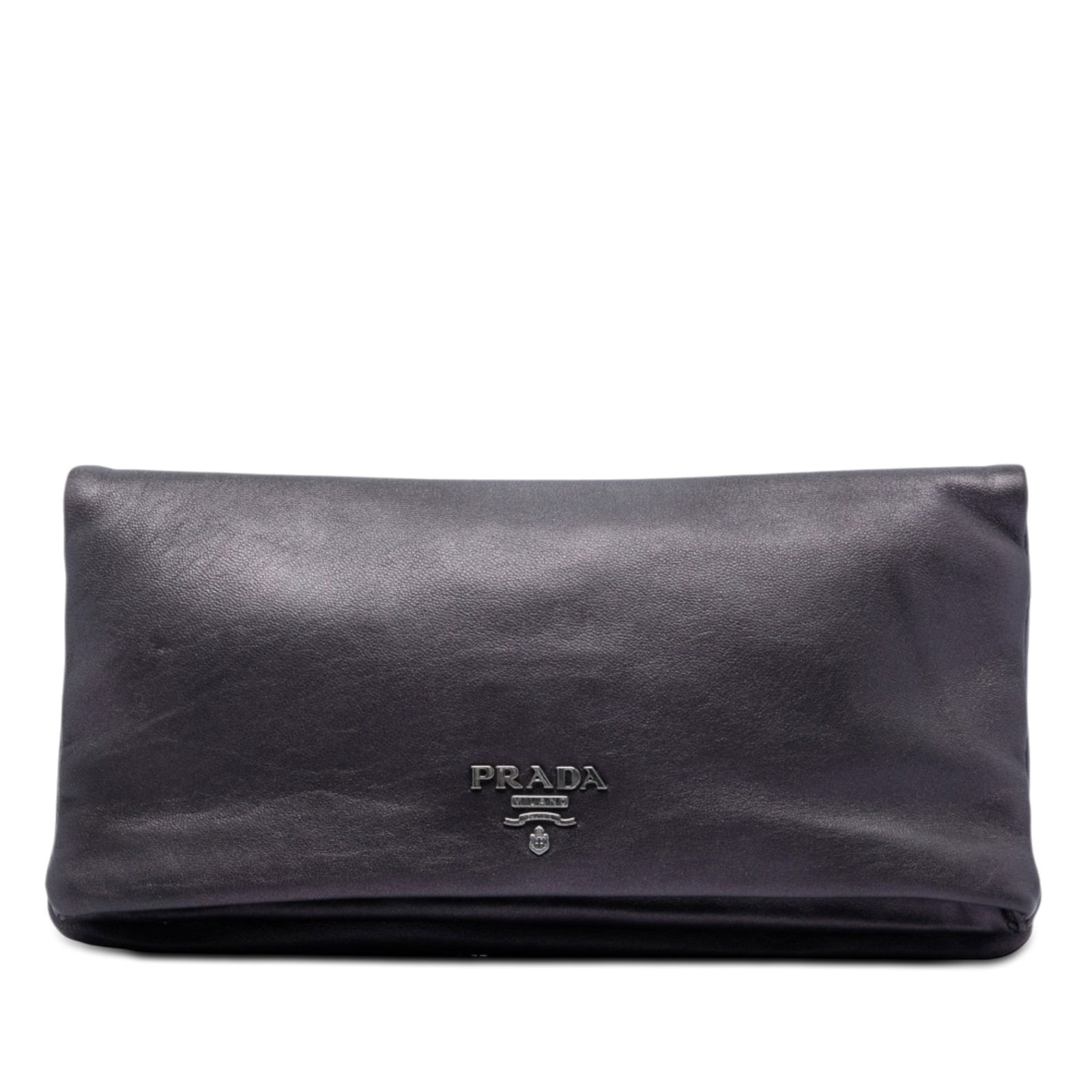 Prada Metallic Soft Calf Leather Clutch Bag Purple: Prada Metallic Soft Calf Leather Clutch Bag Purple Prada Metallic Soft Calf Fold Over Clutch in purple leather with a fold-over flap, button closures, top zip closure, and exterior zip pockets. Made i