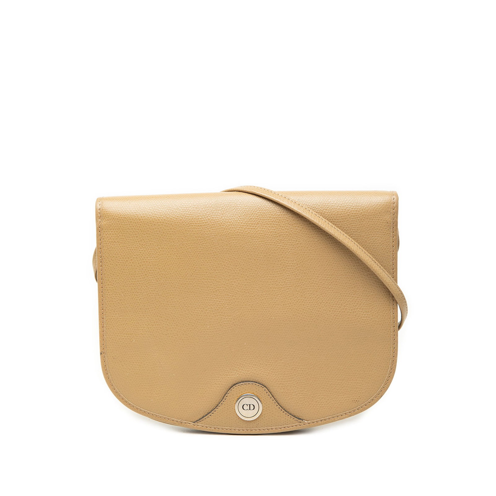 Dior Leather Crossbody Bag Beige Flap Shoulder Purse: Dior Leather Crossbody Bag Beige Flap Shoulder Purse A Dior leather crossbody bag in beige with a structured flap front and snap button closure. Made in France, this compact design features a flat lea