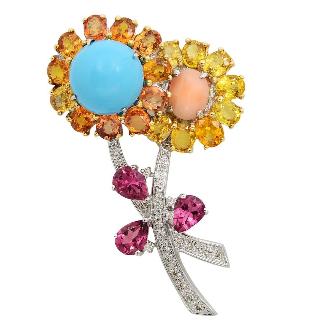 Rachel Koen 18K White Gold Floral Brooch with Diamonds and Citrines: Rachel Koen 18K White Gold Floral Brooch with Diamonds and Citrines Embrace the beauty of nature with this stunning Rachel Koen Flower Brooch, crafted in luxurious 18K white gold. This exquisite piece