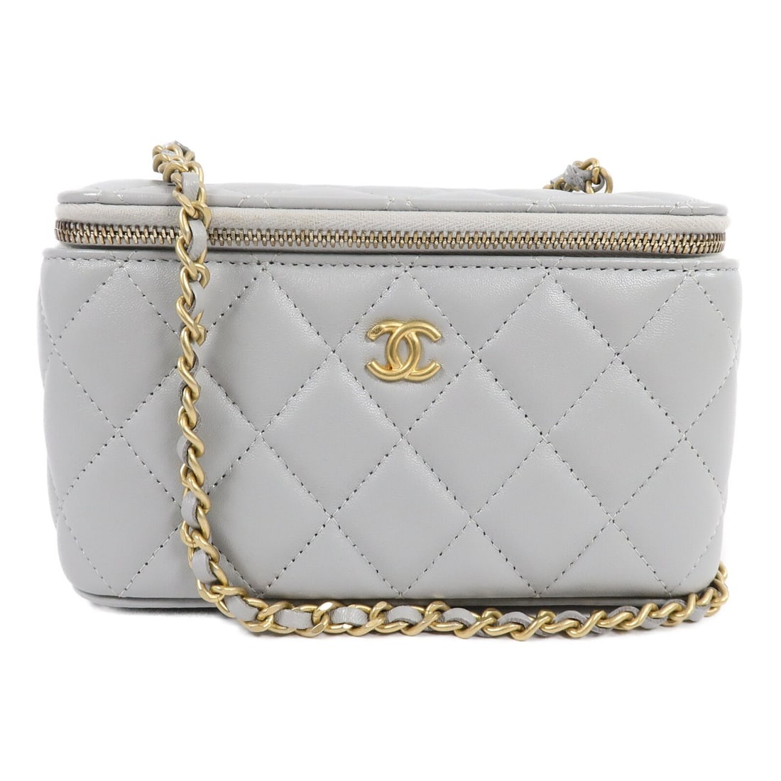 CHANEL AP2303 CC Vanity Case Blue Lambskin Shoulder Bag: CHANEL AP2303 CC Vanity Case Blue Lambskin Shoulder Bag Chanel vanity case shoulder bag in blue lambskin leather with a CC design and gold ball chain shoulder strap. The bag includes three interior ca
