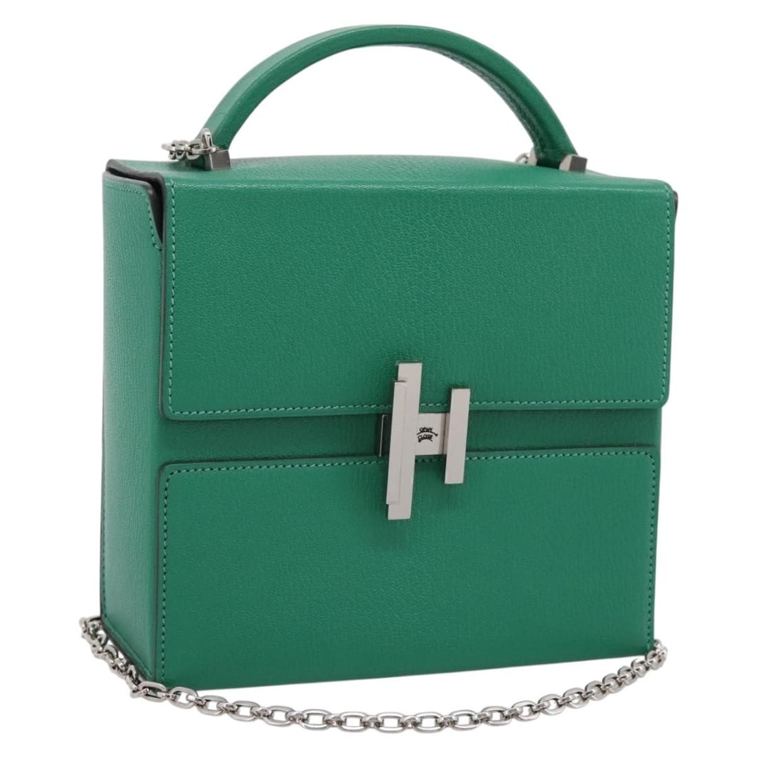 HERMES Synetique Green Leather Hand Bag Silver Tone France: HERMES Synetique Green Leather Hand Bag Silver Tone France Hermes Synetique Chevre handbag in green leather with silver-tone accents. Made in France, this women's handbag includes a dust bag. Conditio