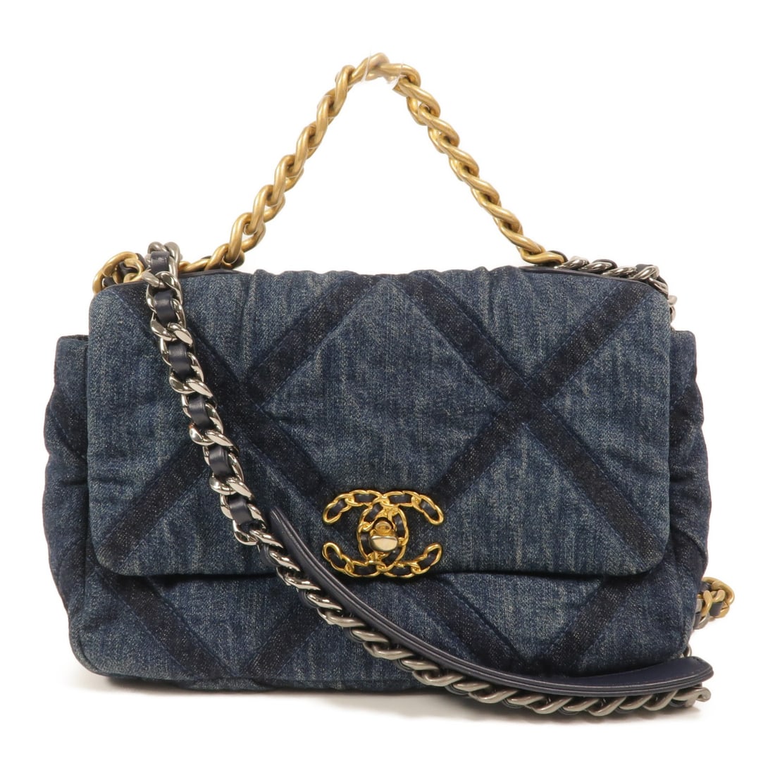 CHANEL Chanel 19 Denim 2way Shoulder Bag Blue GHW: CHANEL Chanel 19 Denim 2way Shoulder Bag Blue GHW Chanel 19 2-way shoulder bag in blue and dark blue denim with CC GHW detailing. Designed for women, this bag features a turn-lock closure, an interior