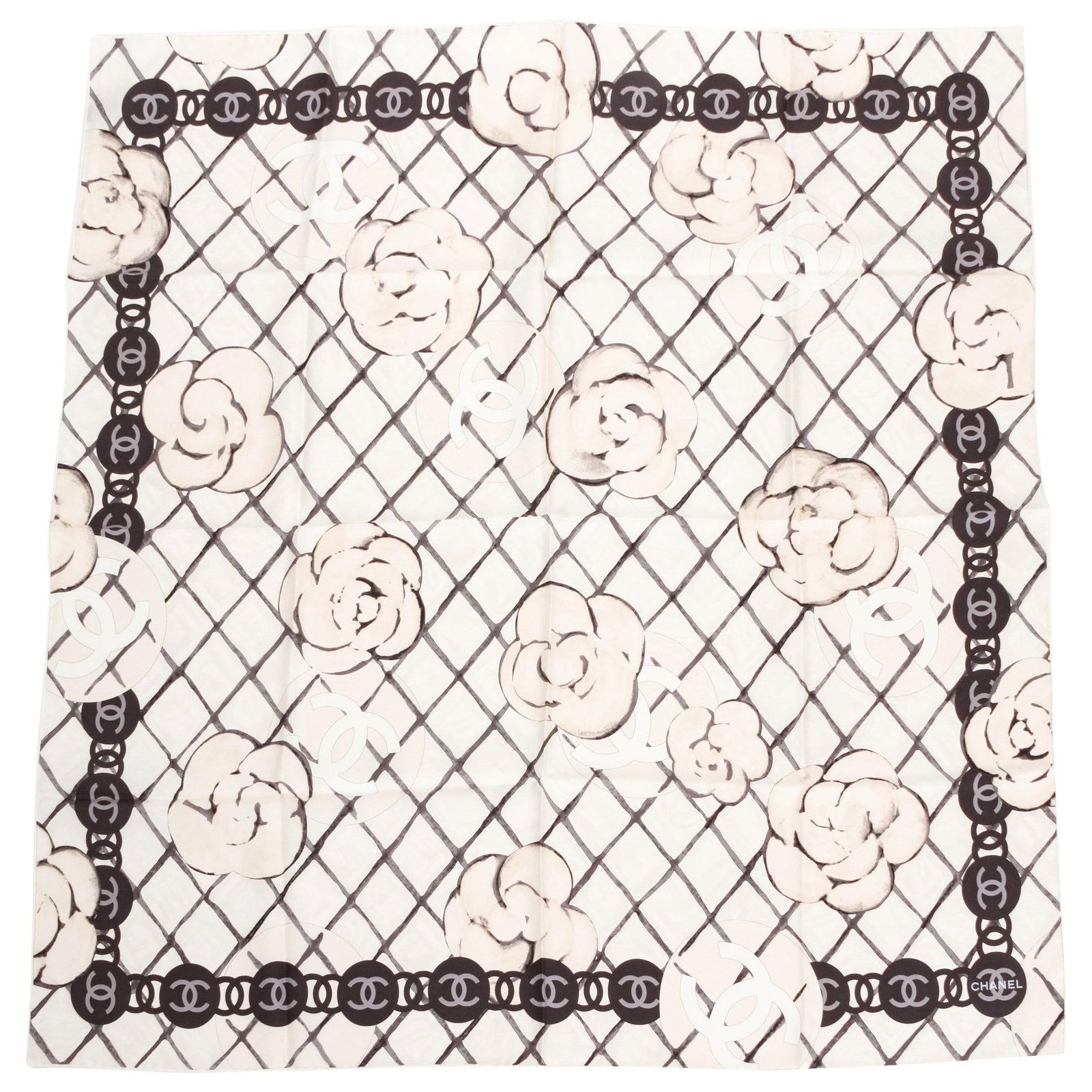 Chanel Camellia White Silk Scarf 35 x 35 Italy: Chanel Camellia White Silk Scarf 35 x 35 Italy Chanel white Camellia silk scarf from the 2019 collection with hand-rolled edges and original tag. Crafted in Italy from 100% silk, this un-used scarf is