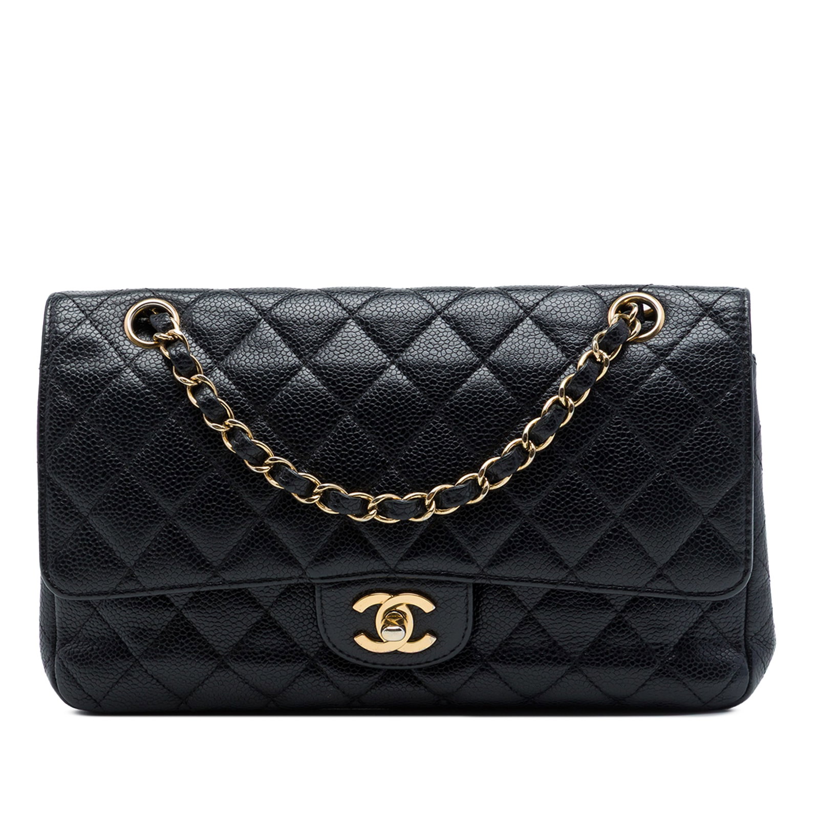 Chanel Medium Classic Double Flap Bag in Black Caviar Leather: Chanel Medium Classic Double Flap Bag in Black Caviar Leather A Chanel Medium Classic Caviar Double Flap in black quilted caviar leather. This bag features a leather-woven chain link strap, a double t