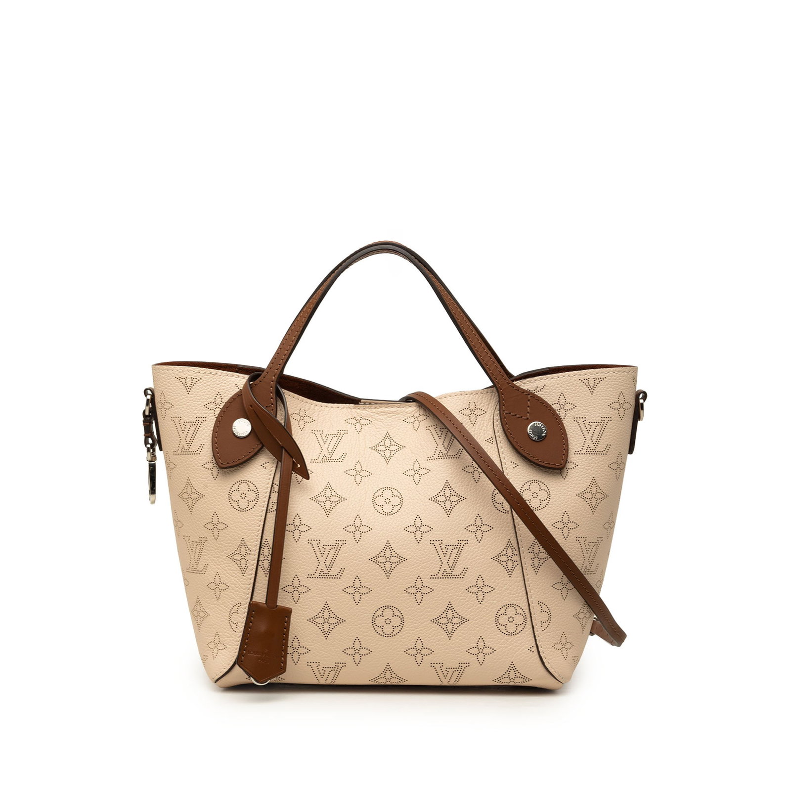 Louis Vuitton Hina PM Monogram Mahina Leather Shoulder Bag: Louis Vuitton Hina PM Monogram Mahina Leather Shoulder Bag Louis Vuitton Monogram Mahina Hina PM shoulder bag crafted in beige perforated leather. This bag features flat handles, an adjustable and det