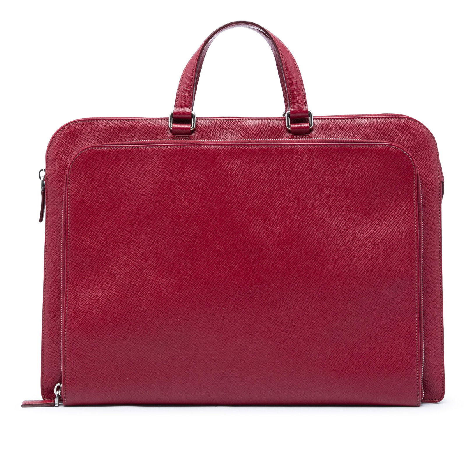 Prada Saffiano Business Bag Red Leather Zip Briefcase: Prada Saffiano Business Bag Red Leather Zip Briefcase Prada Saffiano Business Bag in red leather with a structured design, flat leather handles, top zip closure, exterior front zip compartment, and an