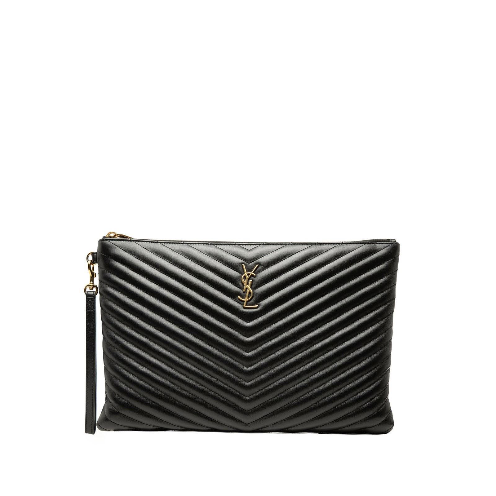 Saint Laurent Cassandre black quilted leather document clutch: Saint Laurent Cassandre black quilted leather document clutch Saint Laurent Chevron Calfskin Cassandre Document Holder in black leather with a quilted body, detachable flat leather wrist strap, top zi