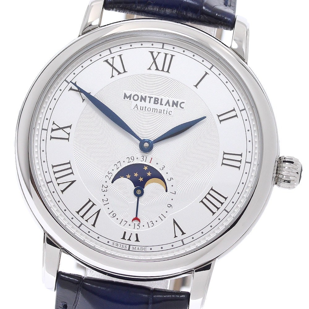 Montblanc Star Legacy mens automatic moon phase watch ref 7435 126079: Montblanc Star Legacy mens automatic moon phase watch ref 7435 126079 Montblanc Star Legacy Moon Phase automatic men's wristwatch with a silver dial, stainless steel case, and leather strap. This watc