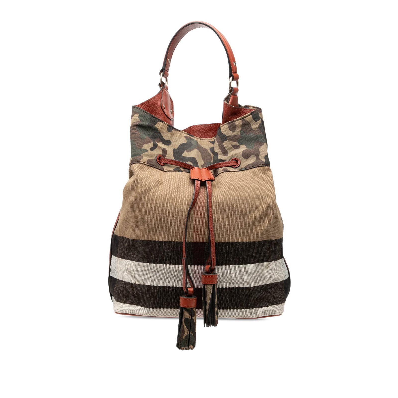 Burberry Susanna Bucket Bag in Mega Check Camouflage Canvas: Burberry Susanna Bucket Bag in Mega Check Camouflage Canvas Bucket bag in canvas with leather trim, featuring a flat leather handle, an open top with drawstring and clasp closure, and a detachable zip