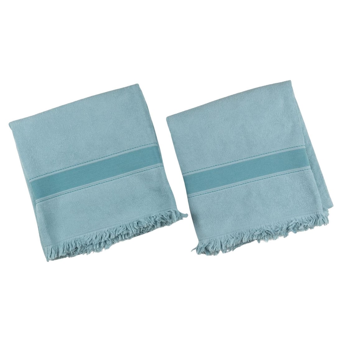 Pair of Hermes Celeste Cotton Bath Towels Set Of 2: Pair of Hermes Celeste Cotton Bath Towels Set Of 2 Set of two matching Hermes bath towels in a light blue Celeste color. Made in Belgium from cotton, this 21st century set is presented in excellent co
